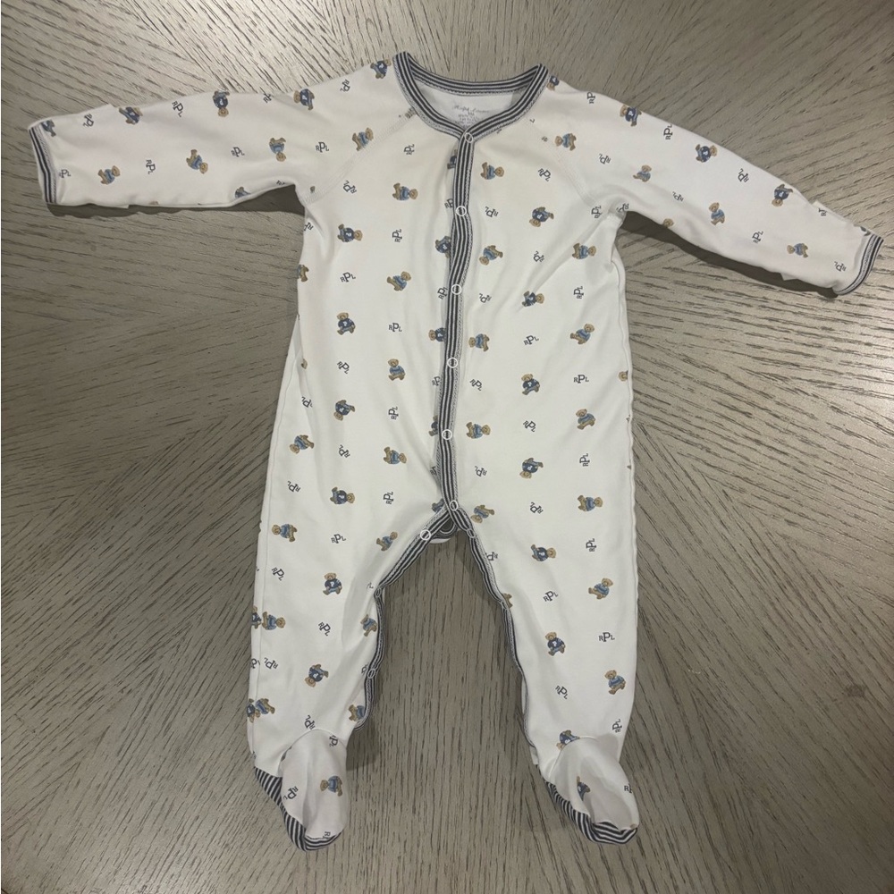 Ralph Lauren White and Navy Bear Patterned Footie